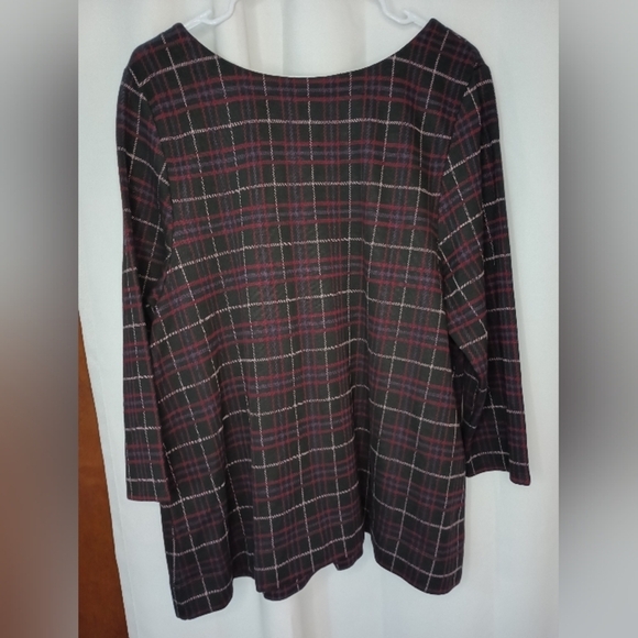 J Jill Ponte Knit Top XL Plaid Pleated Buttons Swing Red Black Academia - Picture 2 of 14